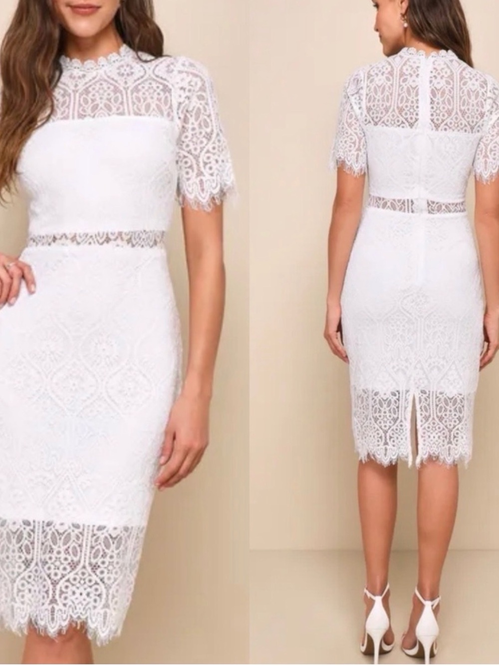 Elegant Lulus white dress. Classic lace with short sleeve. Size medium